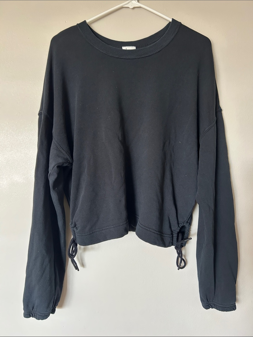 aerie Black Cropped Crewneck Sweatshirt with Drawstring Hem